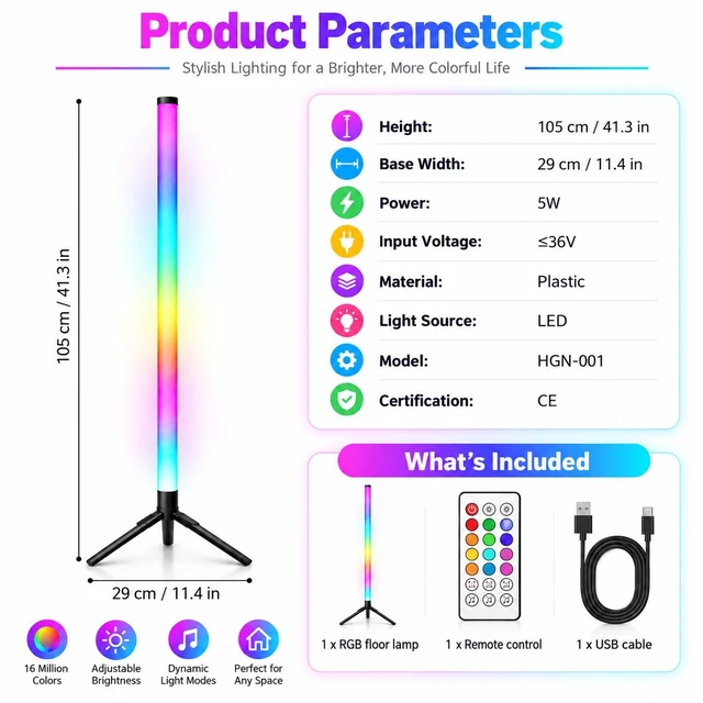 Alt view image 5 of 7 - RGB LED Ambient Floor Lamp with APP & Remote Control, Music Sync, Dimmable Color-Changing Corner Light for Gaming Room & Bedroom
