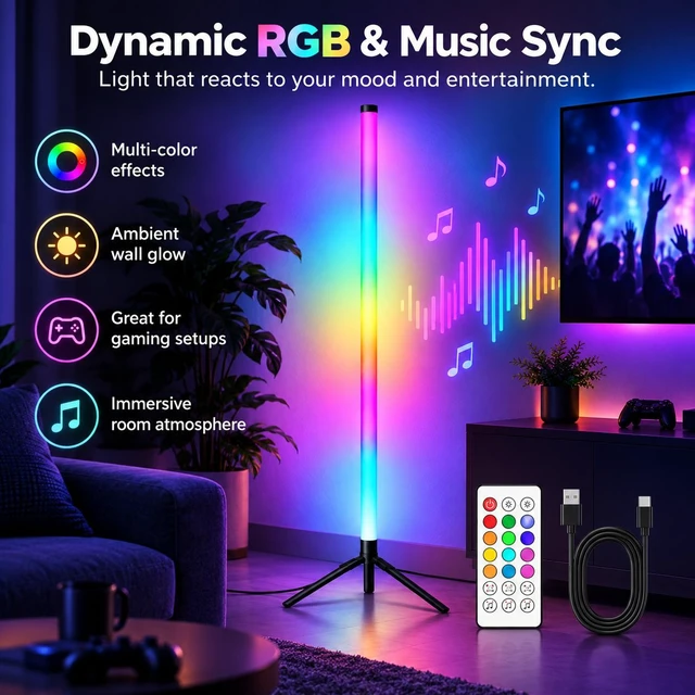 Alt view image 4 of 7 - RGB LED Ambient Floor Lamp with APP & Remote Control, Music Sync, Dimmable Color-Changing Corner Light for Gaming Room & Bedroom