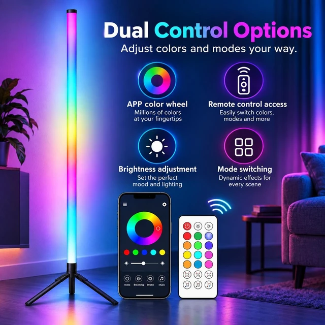 Alt view image 3 of 7 - RGB LED Ambient Floor Lamp with APP & Remote Control, Music Sync, Dimmable Color-Changing Corner Light for Gaming Room & Bedroom