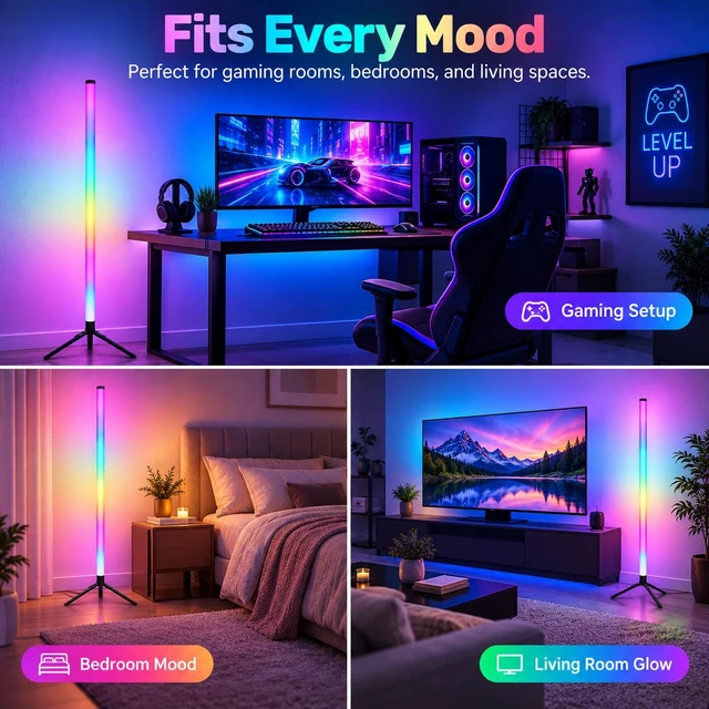 Alt view image 6 of 7 - RGB LED Ambient Floor Lamp with APP & Remote Control, Music Sync, Dimmable Color-Changing Corner Light for Gaming Room & Bedroom