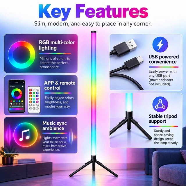 Alt view image 7 of 7 - RGB LED Ambient Floor Lamp with APP & Remote Control, Music Sync, Dimmable Color-Changing Corner Light for Gaming Room & Bedroom