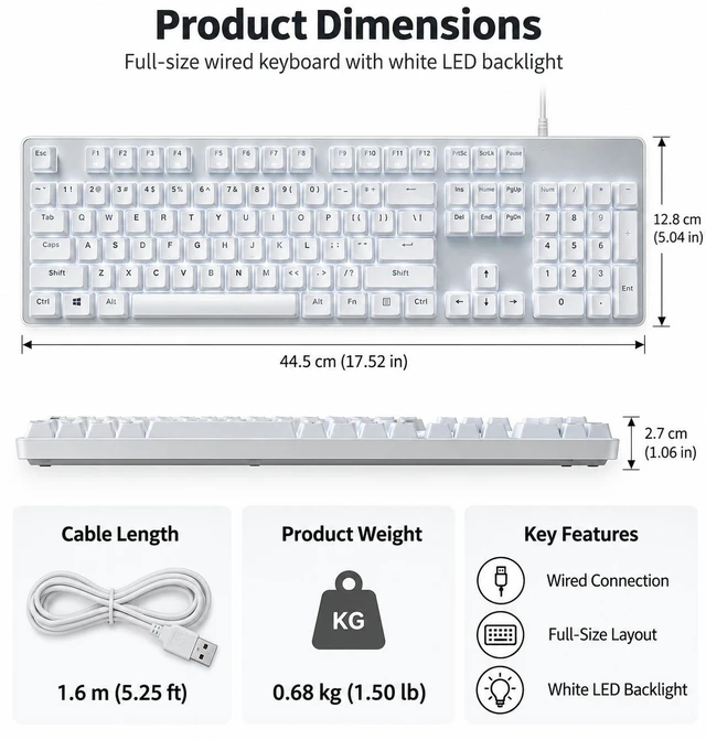 Alt view image 3 of 5 - LANGTU K8 Wired Full-Size Keyboard, White LED Backlight, 98+ Keys, 1.6m Cable, Water-Resistant Design, White