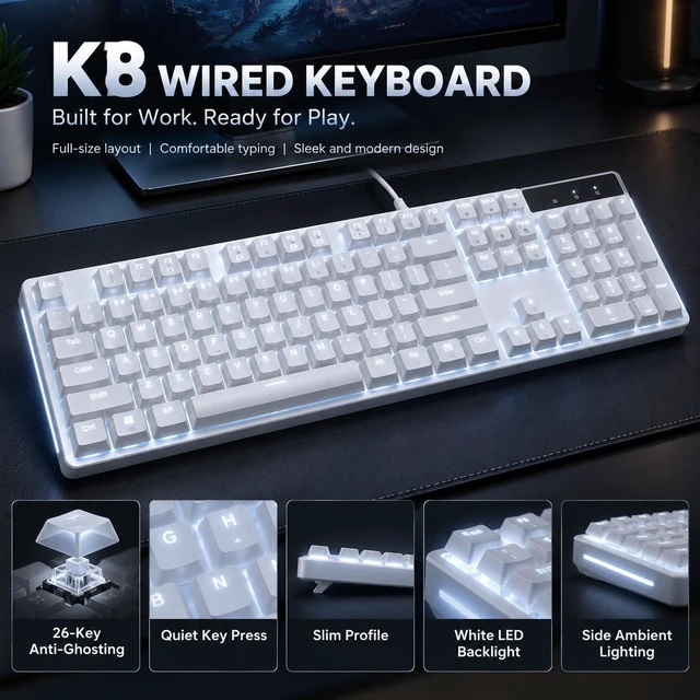 Alt view image 2 of 5 - LANGTU K8 Wired Full-Size Keyboard, White LED Backlight, 98+ Keys, 1.6m Cable, Water-Resistant Design, White