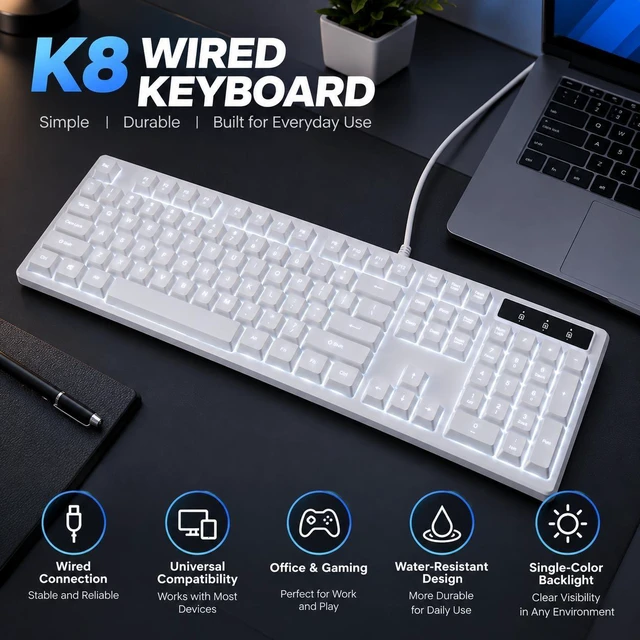 Alt view image 4 of 5 - LANGTU K8 Wired Full-Size Keyboard, White LED Backlight, 98+ Keys, 1.6m Cable, Water-Resistant Design, White