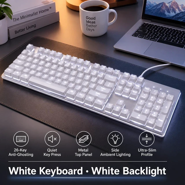 Alt view image 5 of 5 - LANGTU K8 Wired Full-Size Keyboard, White LED Backlight, 98+ Keys, 1.6m Cable, Water-Resistant Design, White