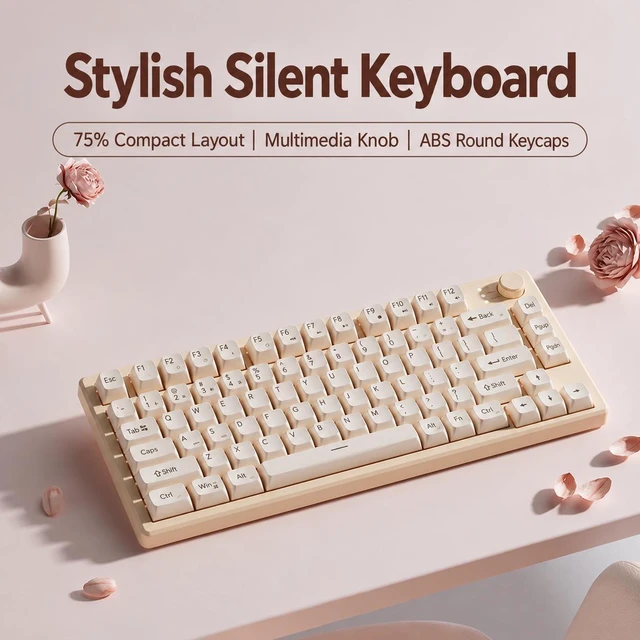 Main image of Wired Ultra-Quiet Membrane Keyboard, Mechanical-Feel USB Keyboard with Warm Backlight, Ergonomic Compact Design for Gaming, Office, Laptop and PC, Cream