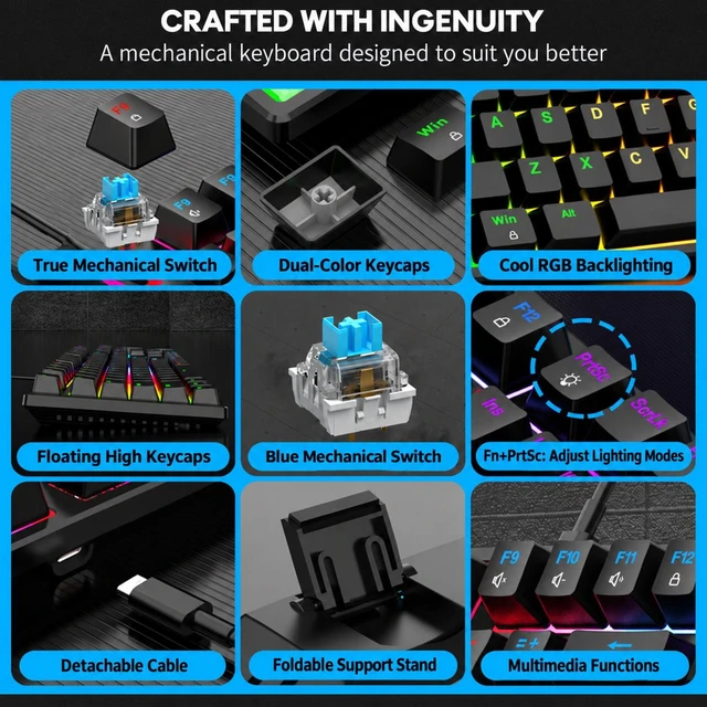 Alt view image 2 of 5 - HHK100M 104-Key Wired RGB Mechanical Gaming Keyboard, Blue Switches, Black Mixed Backlight