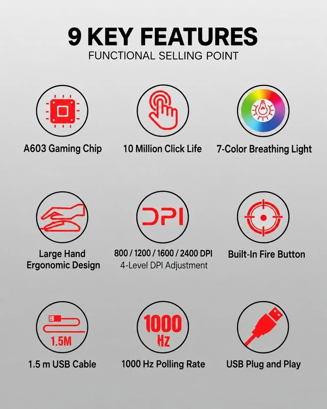 Alt view image 2 of 7 - G200 Wired RGB Gaming Mouse, 7-Button Ergonomic Optical Mouse, 4-Level Adjustable DPI, Color Backlight, Black