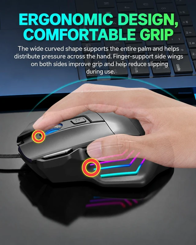 Alt view image 4 of 7 - G200 Wired RGB Gaming Mouse, 7-Button Ergonomic Optical Mouse, 4-Level Adjustable DPI, Color Backlight, Black
