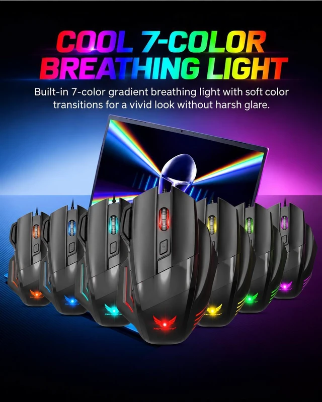 Alt view image 3 of 7 - G200 Wired RGB Gaming Mouse, 7-Button Ergonomic Optical Mouse, 4-Level Adjustable DPI, Color Backlight, Black