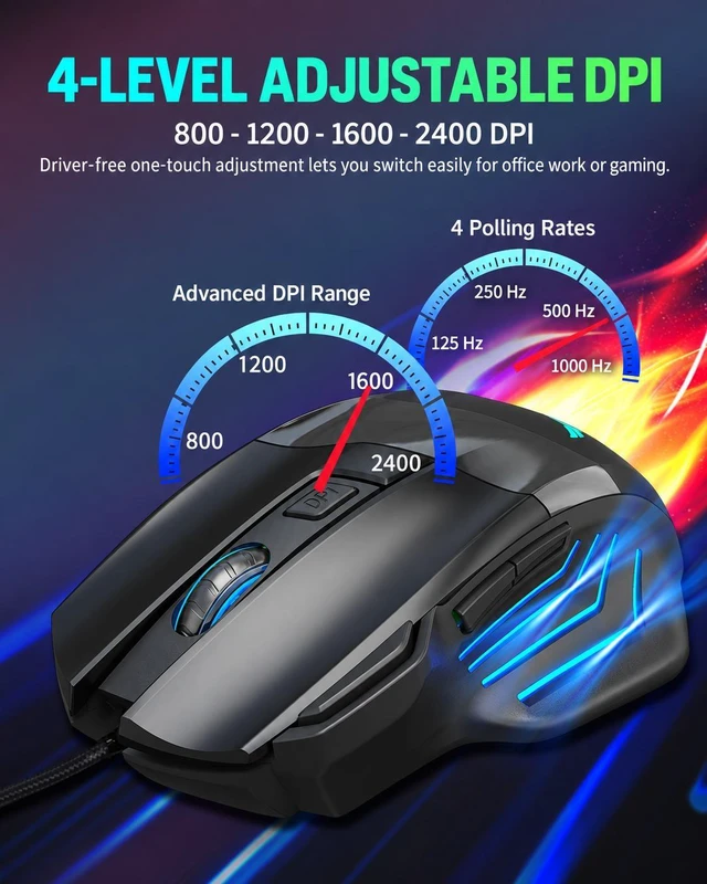 Alt view image 7 of 7 - G200 Wired RGB Gaming Mouse, 7-Button Ergonomic Optical Mouse, 4-Level Adjustable DPI, Color Backlight, Black