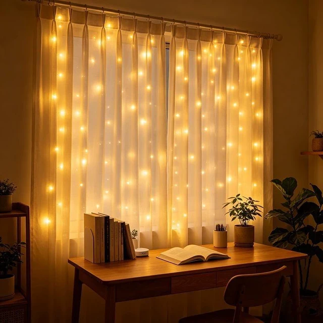 Main image of 3m x 2m Multicolor LED Curtain String Lights with Hooks, Plug-In Indoor Window Fairy Lights for Bedroom, Balcony, Party & Holiday Decor
