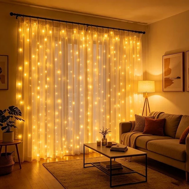 Alt view image 2 of 4 - 3m x 2m Multicolor LED Curtain String Lights with Hooks, Plug-In Indoor Window Fairy Lights for Bedroom, Balcony, Party & Holiday Decor