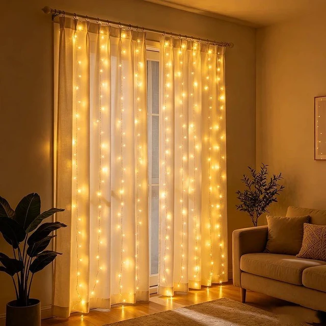 Alt view image 3 of 4 - 3m x 2m Multicolor LED Curtain String Lights with Hooks, Plug-In Indoor Window Fairy Lights for Bedroom, Balcony, Party & Holiday Decor