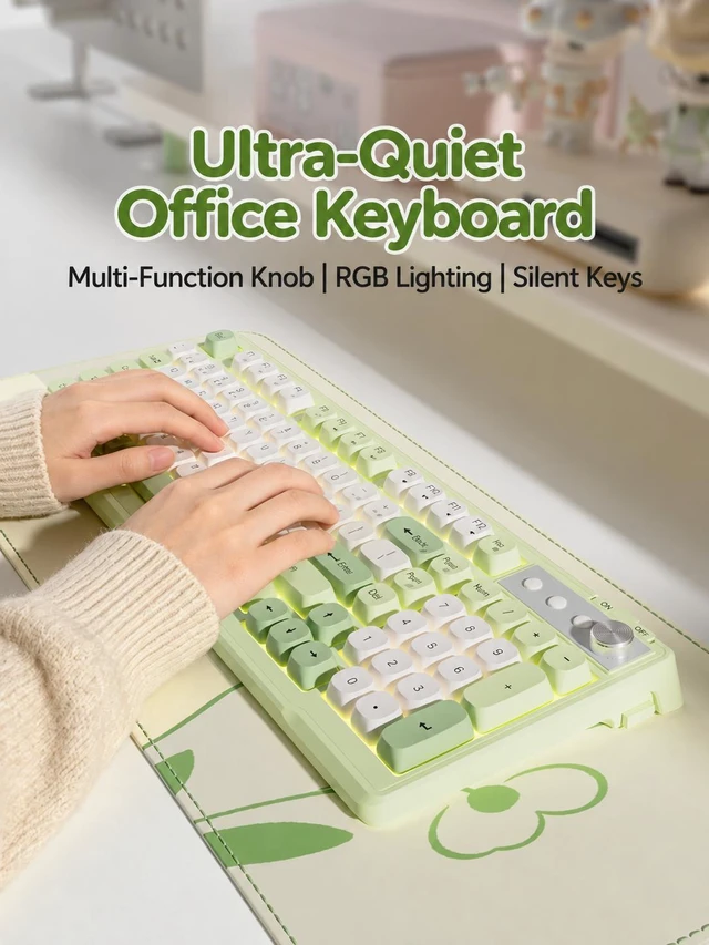 Alt view image 4 of 7 - Z98 98-Key Silent Wired USB Membrane Keyboard, Low-Noise Office Keyboard with Numeric Keypad, Soft-Touch Keys, Cheese Green