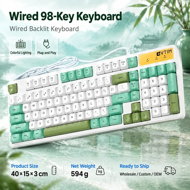 Alt view image 4 of 5 - K98 Wired RGB Gaming Keyboard, Quiet Membrane USB Keyboard with PBT Round Keycaps, Ergonomic Design, Teal Green