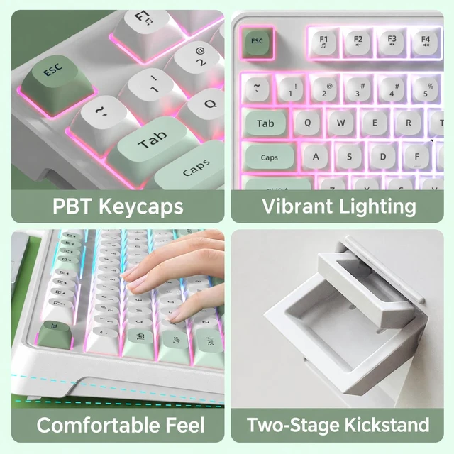 Alt view image 3 of 5 - K98 Wired RGB Gaming Keyboard, Quiet Membrane USB Keyboard with PBT Round Keycaps, Ergonomic Design, Teal Green