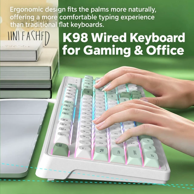 Alt view image 5 of 5 - K98 Wired RGB Gaming Keyboard, Quiet Membrane USB Keyboard with PBT Round Keycaps, Ergonomic Design, Teal Green