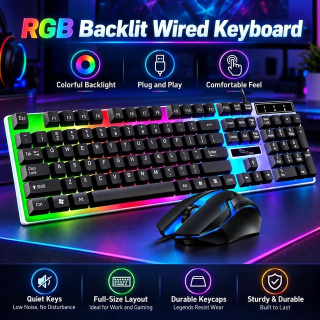 Alt view image 4 of 7 - G21B Wired Backlit Gaming Keyboard and Mouse Combo, USB Mechanical-Feel Keyboard, 1000 DPI Optical Mouse, English Layout, Black