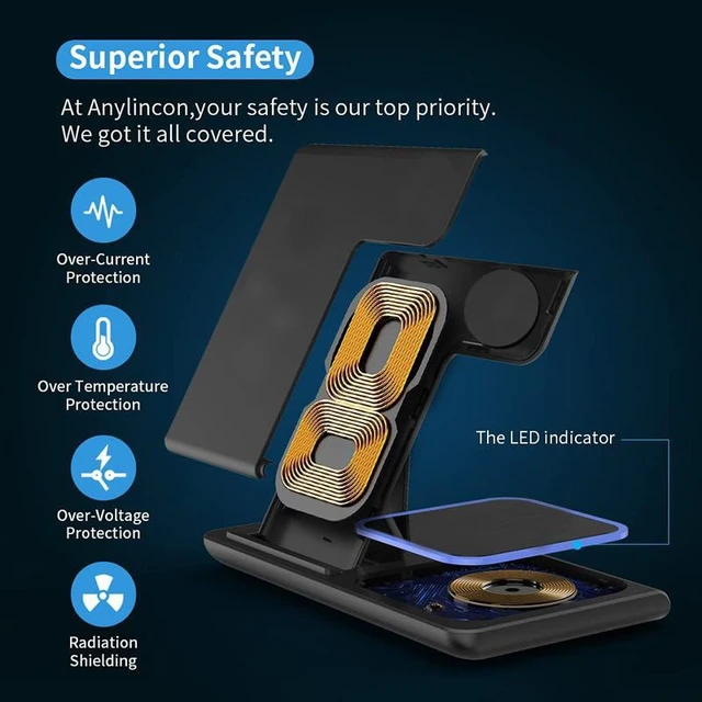 Alt view image 6 of 6 - C13 3-in-1 Foldable Wireless Charging Station, 15W Fast Charger Stand for Phone, Smartwatch & Earbuds, QC2.0