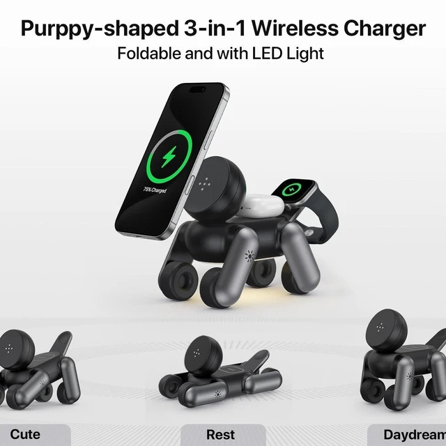 Alt view image 7 of 7 - D6 3-in-1 Magnetic Wireless Charging Station, Cute Dog Design Multi-Device Charging Stand, USB Powered, White