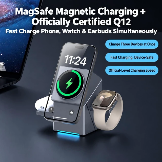 Alt view image 2 of 7 - R28-QI2 3-in-1 Magnetic Wireless Charging Station, 15W Fast Charger, Qi2-Compatible Rotating Desktop Stand, US Plug
