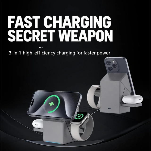 Alt view image 3 of 7 - R28-QI2 3-in-1 Magnetic Wireless Charging Station, 15W Fast Charger, Qi2-Compatible Rotating Desktop Stand, US Plug