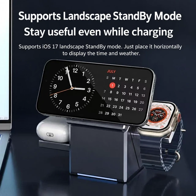 Alt view image 4 of 7 - R28-QI2 3-in-1 Magnetic Wireless Charging Station, 15W Fast Charger, Qi2-Compatible Rotating Desktop Stand, US Plug