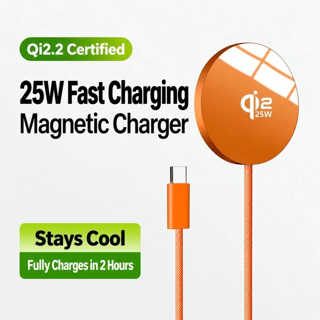 Alt view image 4 of 7 - Qi2.2 25W Magnetic Wireless Charger, Ultra-Thin Aluminum Alloy Fast Charging Pad, PD, 1m USB-C Cable, Orange