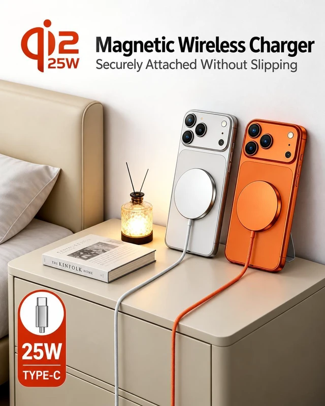 Alt view image 6 of 7 - Qi2.2 25W Magnetic Wireless Charger, Ultra-Thin Aluminum Alloy Fast Charging Pad, PD, 1m USB-C Cable, Orange