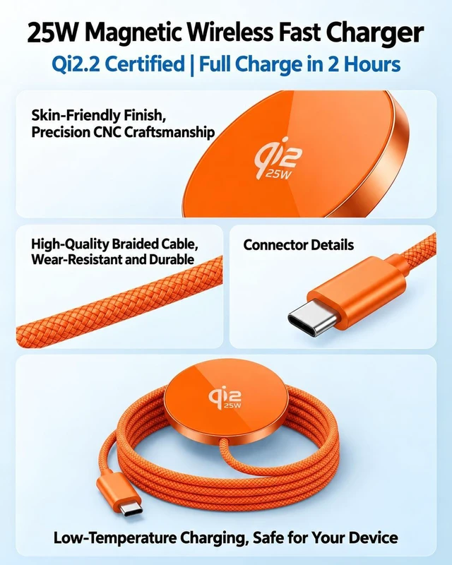 Alt view image 7 of 7 - Qi2.2 25W Magnetic Wireless Charger, Ultra-Thin Aluminum Alloy Fast Charging Pad, PD, 1m USB-C Cable, Orange