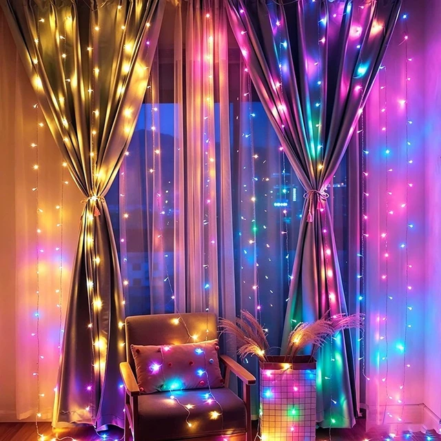 Main image of 3m x 2m Multicolor LED Curtain String Lights with Hooks, Plug-In Indoor Window Fairy Lights for Bedroom, Balcony, Party & Holiday Decor Multicolor 3m x 3m