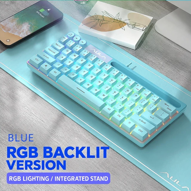 Main image of 61-Key Wired RGB Gaming Keyboard, Compact Membrane USB Keyboard, Ergonomic Design, 1.5m Cable, White Blue