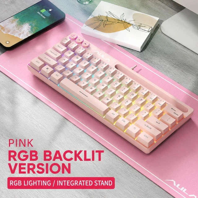 Main image of 61-Key Wired RGB Gaming Keyboard, Compact Membrane USB Keyboard, Ergonomic Design, 1.5m Cable, White Pink