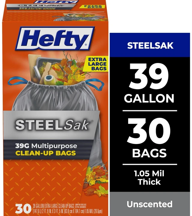 Main image of Hefty Steelsak Heavy Duty Large Trash Bags, 39 Gallon, 30 Count, Gray, Unscented