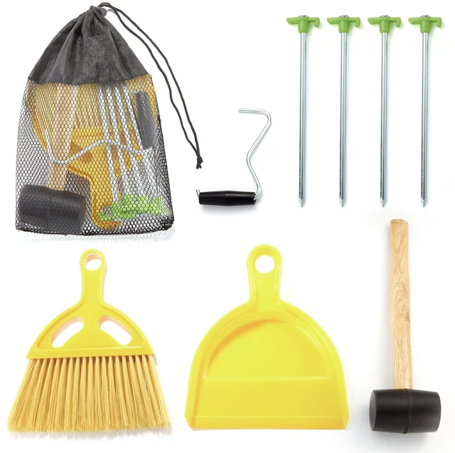 Main image of Gigatent 9-Piece Camping Tent Stake Set with 4 Steel Tent Pegs, Rubberized Mallet, Brightly Colored Guy Line, Nesting Hand Broom & Dustpan, and Carrying Mesh Bag
