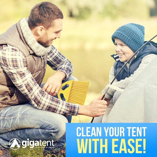 Alt view image 5 of 6 - Gigatent 9-Piece Camping Tent Stake Set with 4 Steel Tent Pegs, Rubberized Mallet, Brightly Colored Guy Line, Nesting Hand Broom & Dustpan, and Carrying Mesh Bag