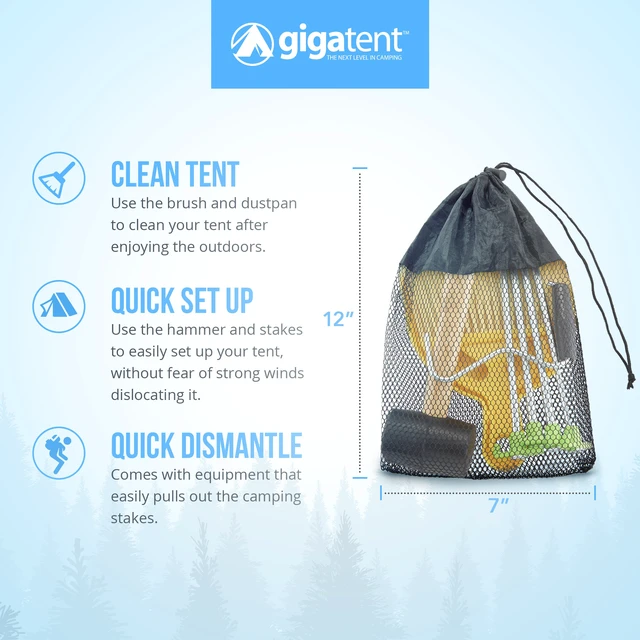 Alt view image 2 of 6 - Gigatent 9-Piece Camping Tent Stake Set with 4 Steel Tent Pegs, Rubberized Mallet, Brightly Colored Guy Line, Nesting Hand Broom & Dustpan, and Carrying Mesh Bag