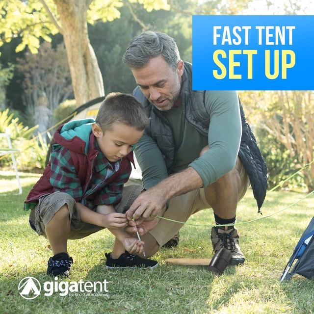 Alt view image 6 of 6 - Gigatent 9-Piece Camping Tent Stake Set with 4 Steel Tent Pegs, Rubberized Mallet, Brightly Colored Guy Line, Nesting Hand Broom & Dustpan, and Carrying Mesh Bag