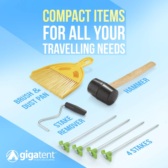 Alt view image 3 of 6 - Gigatent 9-Piece Camping Tent Stake Set with 4 Steel Tent Pegs, Rubberized Mallet, Brightly Colored Guy Line, Nesting Hand Broom & Dustpan, and Carrying Mesh Bag