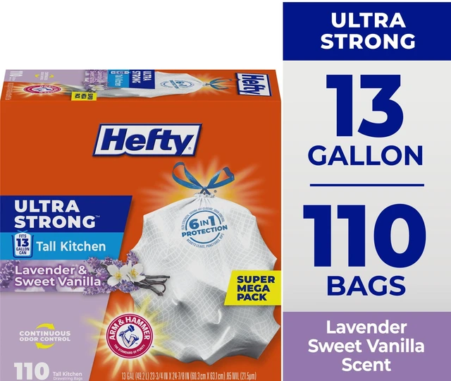 Main image of Hefty Ultra Strong 13 Gallon Tall Kitchen Trash Bags, White, Lavender and Sweet Vanilla Scent, 110 Count