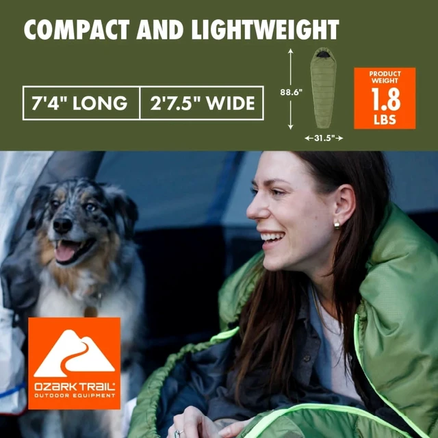 Alt view image 2 of 6 - Ozark Trail 50F Compact Mummy Sleeping Bag, Adult, Green, 88.6x31.5in