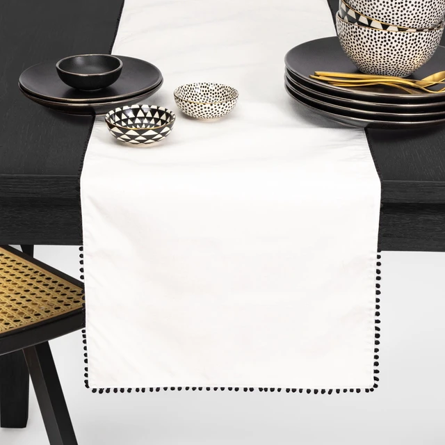 Alt view image 4 of 5 - Thyme & Table Table Runner, Ivory with Black Pom Pom Trim, 14 x 72"