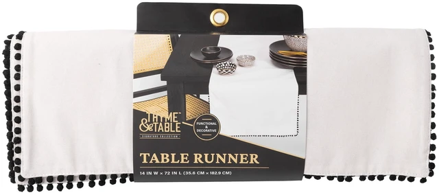 Alt view image 5 of 5 - Thyme & Table Table Runner, Ivory with Black Pom Pom Trim, 14 x 72"