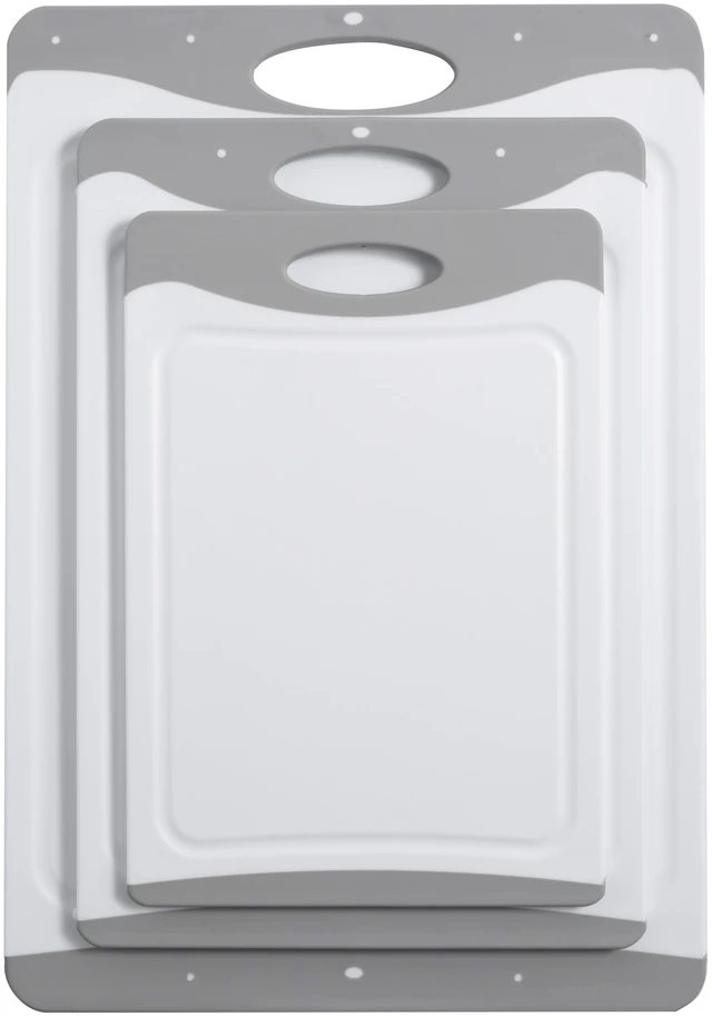 Main image of Mainstays 3-Piece Non-Slip Cutting Boards, 50% Recycled PP, 16.9 x 11.8 in, 13.7 x 9.5 in, 11.4 x 7.9 in, White and Silver