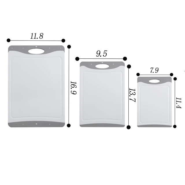 Alt view image 5 of 6 - Mainstays 3-Piece Non-Slip Cutting Boards, 50% Recycled PP, 16.9 x 11.8 in, 13.7 x 9.5 in, 11.4 x 7.9 in, White and Silver