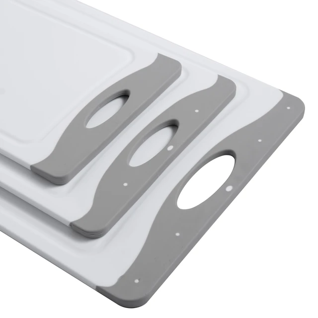 Alt view image 6 of 6 - Mainstays 3-Piece Non-Slip Cutting Boards, 50% Recycled PP, 16.9 x 11.8 in, 13.7 x 9.5 in, 11.4 x 7.9 in, White and Silver