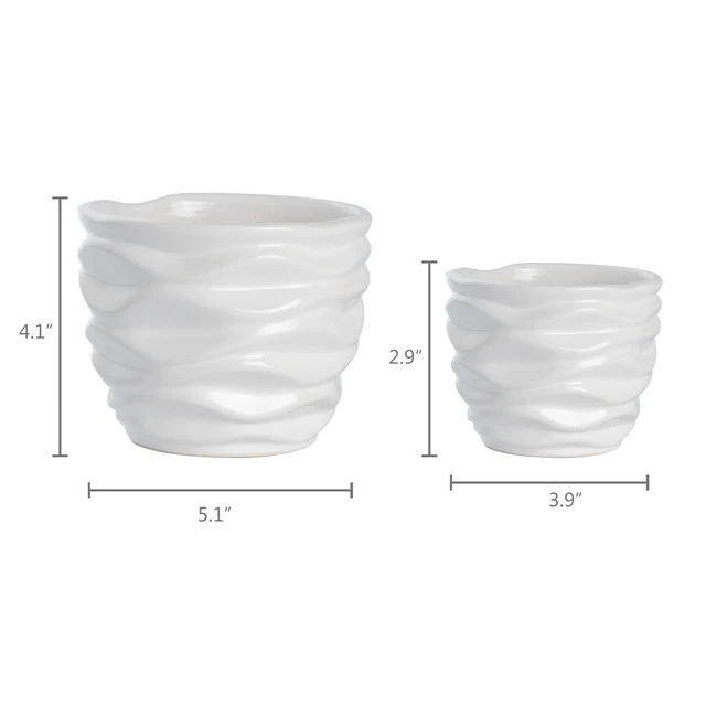 Alt view image 6 of 6 - K-Cliffs White Ceramic Pots Waving Set of 2, Small 3.9" Dia x 2.9" H (Opening 3.3"), Large 5.1" Dia x 4.1" H (Opening 4.4"), Modern Design