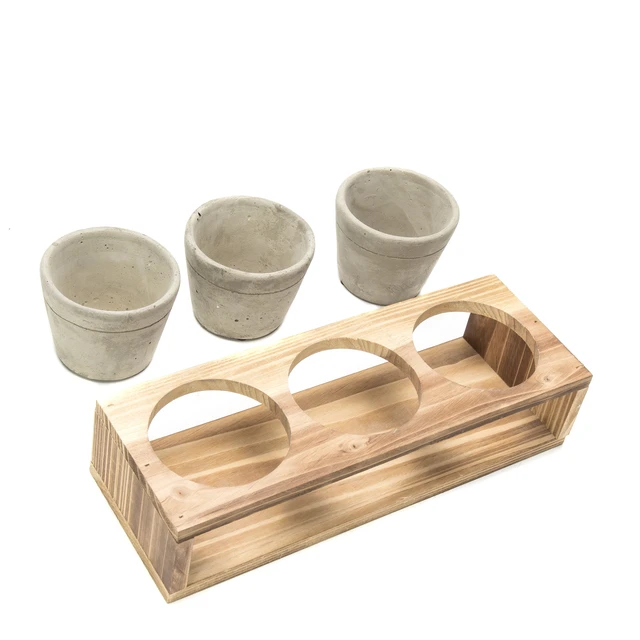 Alt view image 3 of 6 - K-Cliffs 3-Piece Mini Gray Cement Pots with Wood Stand, 3.1Dia x 2.5H Inches Each Pot, Stand 10.4L x 1.6W x 2.4H Inches, 3lbs, for Succulents, Herbs