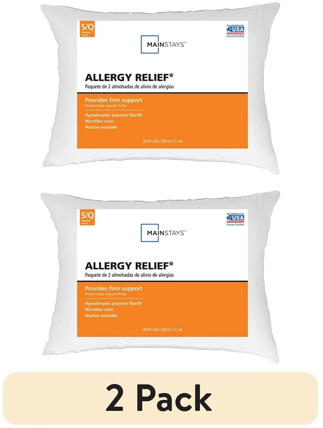 Main image of Mainstays Allergy Relief Bed Pillows, Standard/Queen, Firm Support, Back and Side Sleeper, 2 Count